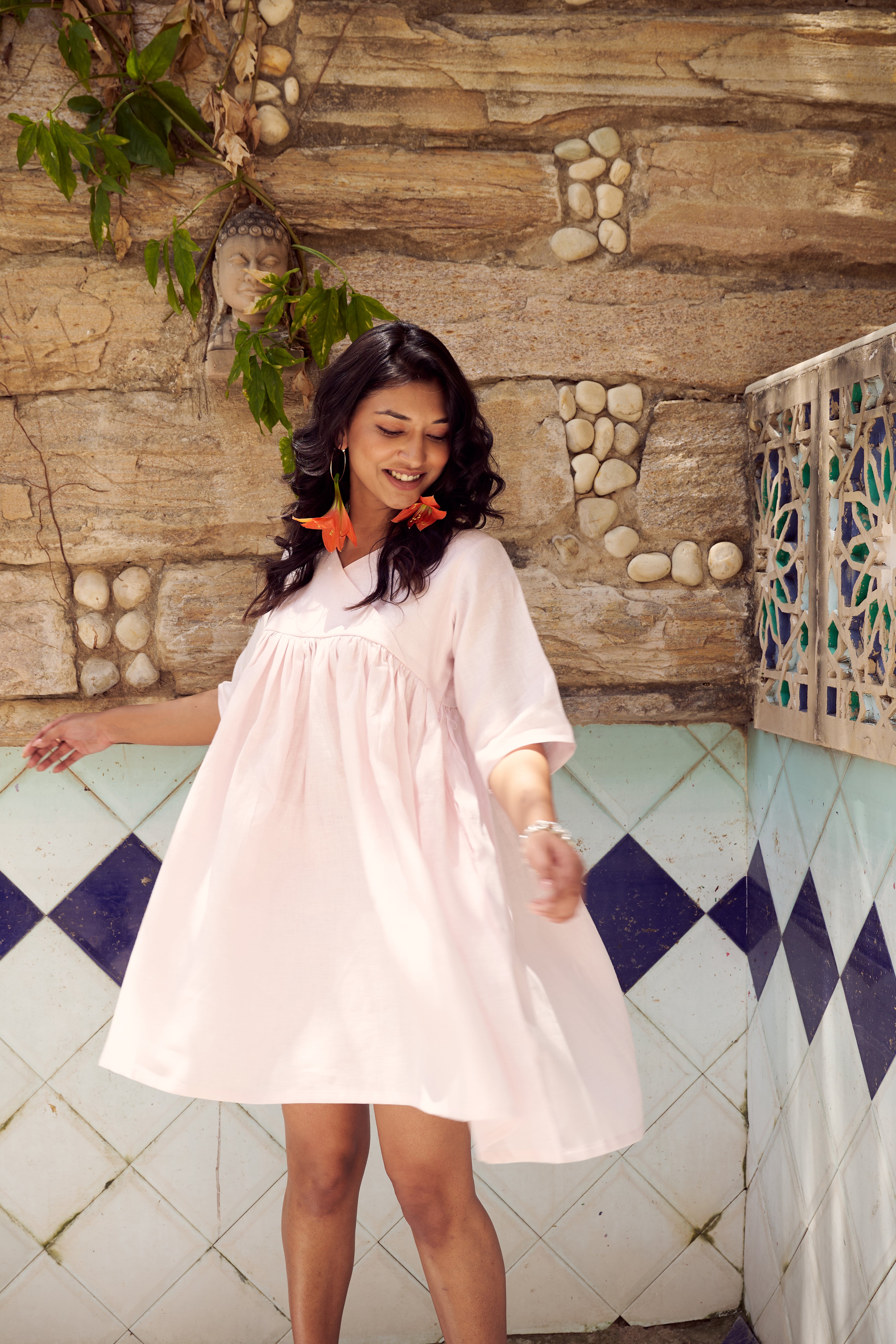 Baby Pink Linen Midi Dress